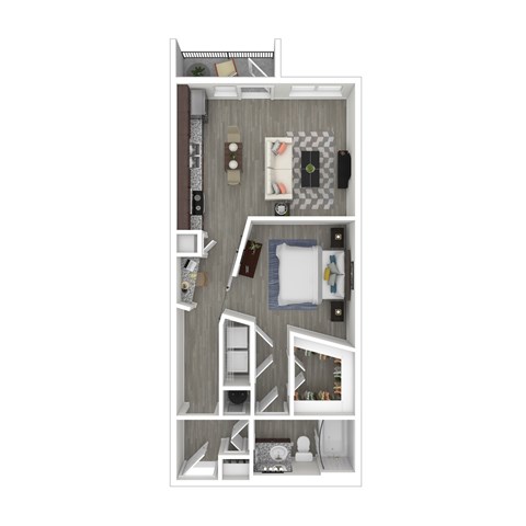 A top-down view of a small apartment with a bed, desk, and kitchenette.
